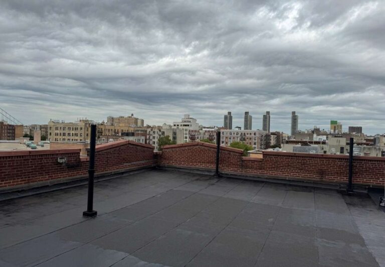 Completed flat roof and brick parapet with the New York City skyline | United City Construction